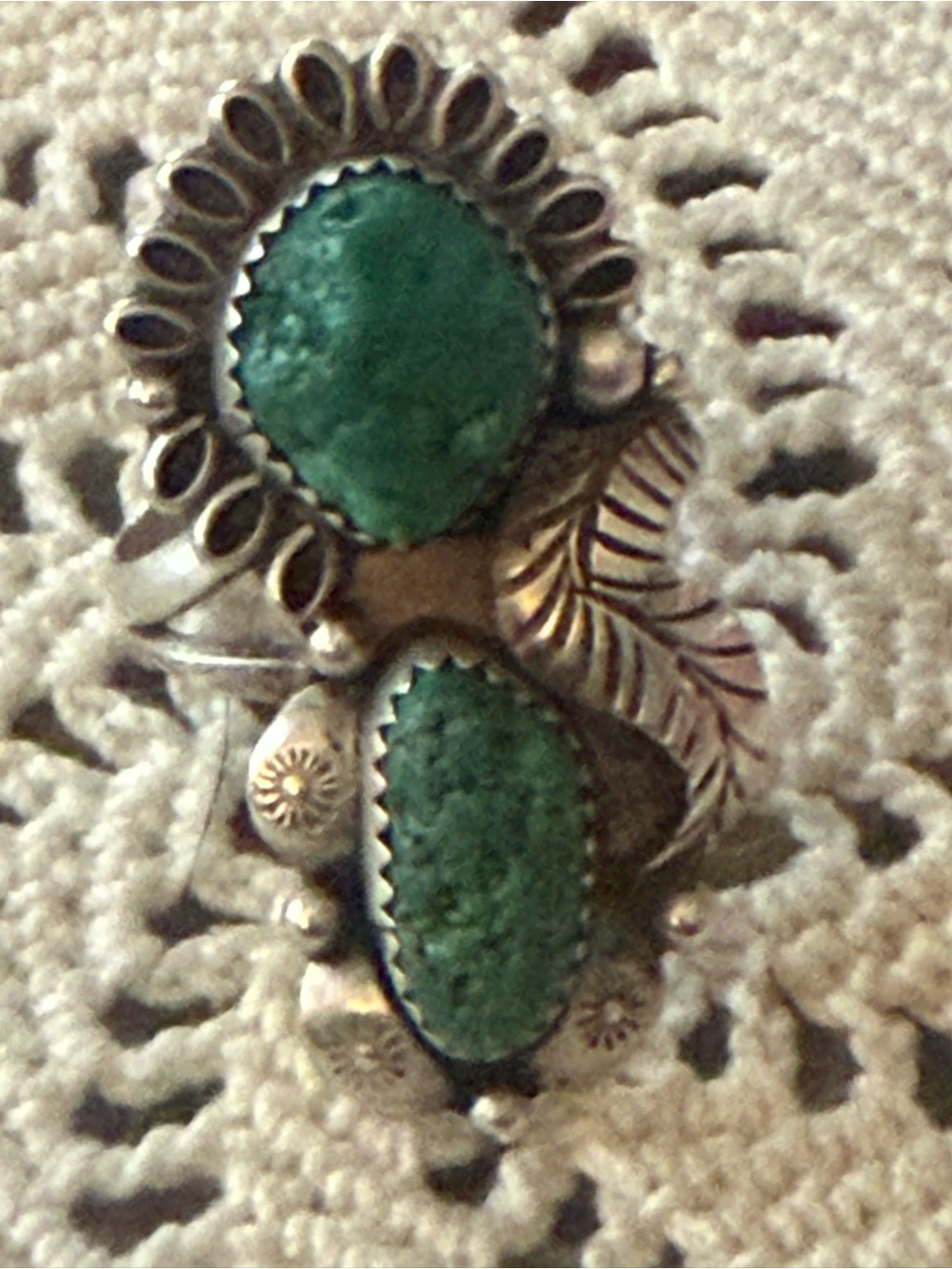 Sterling Silver Green Turquoise Double Stone Women's Ring